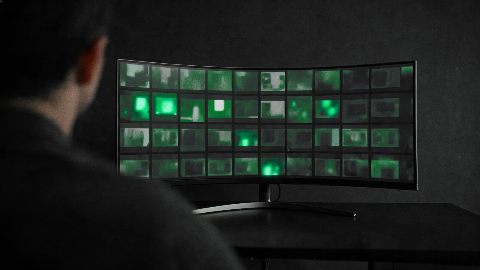 Pessoa diante de um monitor curvo cheio de versões de vídeo